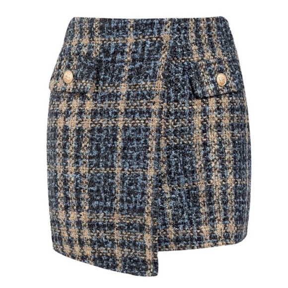 CLEARANCE Blue Tan Tweed Shimmer Button Holiday Mini Skirt - Picture 5 of 6